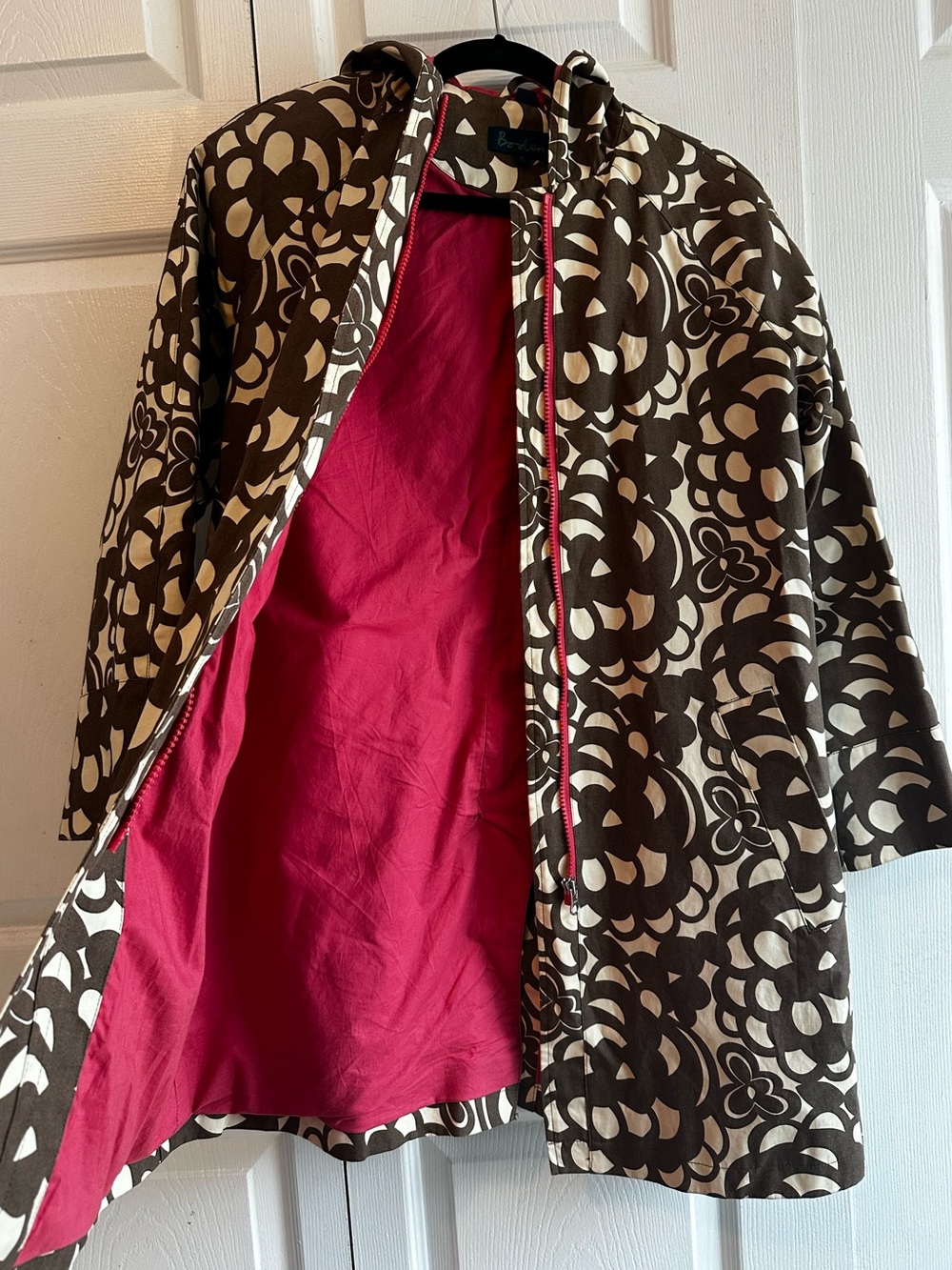 Boden Rainy Day Mac Rain Jacket/ Coat Brown & Cream Floral Hooded